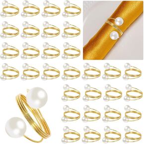 40Pcs Gold Napkin Rings Pearl Napkin Holder with Pearl Round Metal Spring Dinner Table Ring Napkin Holder Buckles for Wedding Birthday Table Decoration, 1.6 Inch