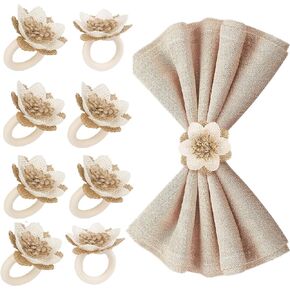 Boho Burlap Napkin Rings Set of 4 Farmhouse Fall Wedding Thanksgiving Table Decor Gift, 2.4inch Flower, 1.2 Inch Ring, Eco-Friendly Jute Handmade Rustic Natural Flower Napkin Holders
