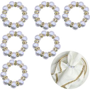 6 PCS Pearl Napkin Rings Stretched Beaded Table Napkin Holder for Christmas Birthday Wedding Anniversary Dinning Party Decor (Gold)