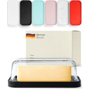 KIVY Glass butter dish with airtight lid that keeps butter soft - For countertop and refrigerator door shelf - Dishwasher safe red butter dish with lid - Glass & plastic butter dish with lid