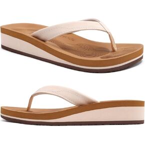 COFACE Leather Flip Flops for Women With Comfortable Arch Support Ladies Fashion Platform Thong Sandals Soft Yoga Mat Sole For Beach/Indoor Outdoor