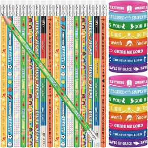 Geyoga 32 Pcs Bible Verses Pencils and Wristbands Set Inspirational Silicone Wristbands Motivational Scripture Christian Pencils Religious Communion Gifts for Sunday School Church Supplies