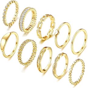Florideco 10 PCS Dainty Gold Rings for Women Non Tarnish, 14K Gold Stackable Ring Set, Wedding Promise Eternity Bands Rings, Trendy Thin Simple Thumb Knuckle Stacking Ring Pack Size 5/6/7/8/9/10