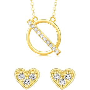 SISGEM 14k Gold Circle Necklace and Heart Stud Earrings Set, Real 14kt Jewelry for Women
