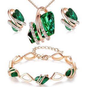 Leafael Wish Stone Necklace, Stud Earrings, and Bracelet Jewelry Set for Women, May Birthstone Emerald Green Crystal Jewelry, Silver Tone Gifts for Women