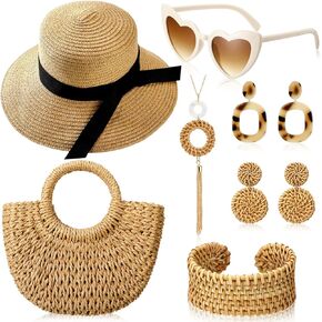 مجموعة مجوهرات الروطان الصيفية 7 قطع للنساء لقضاء العطلات من قش الشمس وقبعة الشاطئ ونظارات شمسية صغيرة شبه دائرية من قش الروطان وقلادة طويلة وأقراط الروطان سوار للنساء على الشاطئ بوهيميا in Kuwait