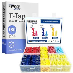 New Age America™ 180pcs T-Tap Wire Connectors Kit | AWG 22-10 | Color Coded | Quick Splice Disconnect Wire Taps | Spade Terminals | Self-Stripping Quick Splice | with Assortment Case