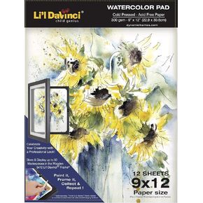 Li'l Davinci 9x12 Watercolor Pad, 12 Sheets, (140/b/300gsm) Cold Pressed, Acid Free Heavyweight Paper (1)