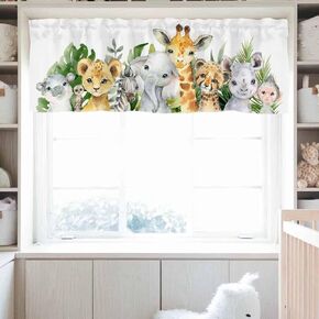 HawSkgFub Baby Safari Animals Nursery Curtain Valance 54 x 18 Inches, Cute Jungle Elephant Lion Zebra Plant Short Window Topper Curtains Rod Pocket, Palm Leaf Home Kitchen Kids Bedroom Playroom Decor