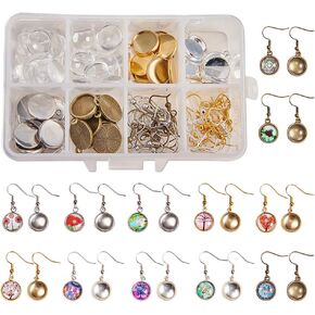 SUNNYCLUE 1 Box DIY 20 Pairs Cabochon Earrings Making Kit 40pcs Earring Bezel Earring Settings with 40pcs 12mm Clear Glass Cabochons, Earring Hooks(Dangle Earrings, 4 Color)