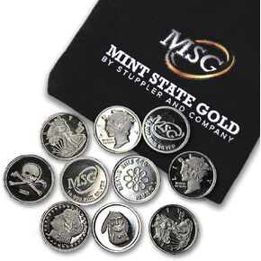 Ten (10) One Gram .999 Fine Silver Rounds with Random Design in Jewelry Bag by Mint State Gold
