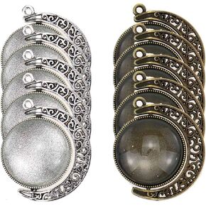 Semetall Pendant Trays Kits 30Pcs Moon Rotation Double Sided Round Pendant Tray for Jewelry Making and DIY Photo Making (Silver and Bronze)
