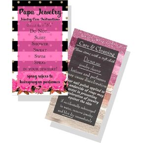Jewelry Cleaning and Care Cards | Pack of 50 | Pink and Black Striped Floral Design | Jewelry Bling Queen Care Instructions