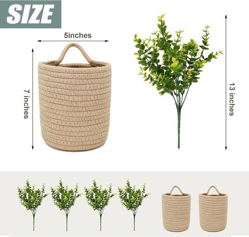 6 قطع سلة تخزين معلقة على الحائط مع حبل الجوت الاصطناعي من الأوكالبتوس، نباتات خضراء، ديكور جدار المزرعة، منظم منسوج، مجموعة سلة نباتات الزهور للشرفة، غرفة المعيشة، غرفة النوم in Kuwait
