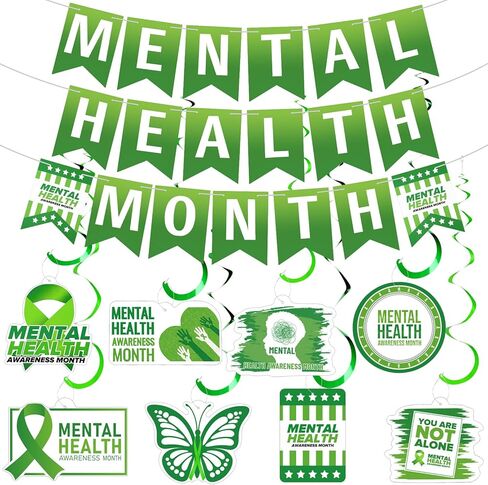 35 Pcs Mental Health Decorations Including Mental Month Banner Mental Health Awareness Hanging Swirls Therapist Mental Health Courage Faith Wall Decor Indoor Outdoor for Festival Party in Saudi Arabia