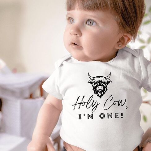 Holy Cow I'm Cute Onesie Cute Moo Cow Print للجنسين ملابس لحديثي الولادة إعلان الحمل طفل صبي فتاة دش فكرة هدية (12-18 شهرًا، عيد ميلاد قصير الأكمام رومبير) in Saudi Arabia