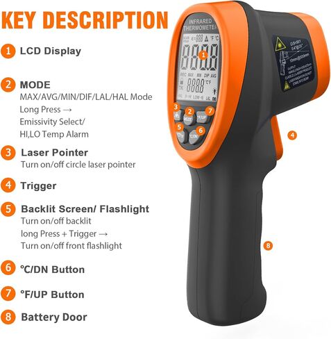 Infrared Thermometer -58°F ~3272°F (-50~1800℃), Non-Contact Pyrometer Temp Gun XF-1800 with High&Low Temperature Alarm, Data Hold, LCD Backlit for Home Maintenance, Cook, Forge Kiln, Industry Use in Saudi Arabia
