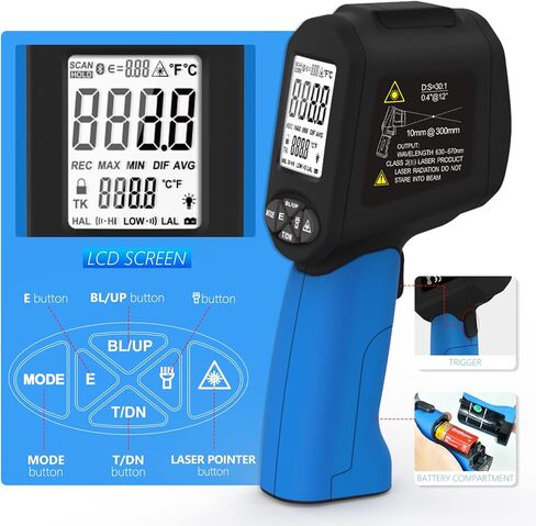 مقياس حرارة بالأشعة تحت الحمراء -58 درجة فهرنهايت ~ 3272 درجة فهرنهايت (-50 ~ 1800 درجة مئوية)، مسدس درجة حرارة البيرومتر غير المتصل XF-1800 مع إنذار لدرجة الحرارة العالية والمنخفضة، عقد البيانات، إضاءة خلفية LCD لصيانة المنزل، الطبخ، فرن التشكيل، استخدام in Kuwait