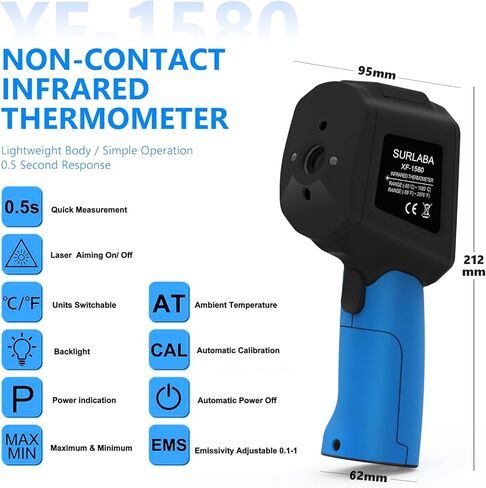 مقياس حرارة بالأشعة تحت الحمراء -58 درجة فهرنهايت ~ 3272 درجة فهرنهايت (-50 ~ 1800 درجة مئوية)، مسدس درجة حرارة البيرومتر غير المتصل XF-1800 مع إنذار لدرجة الحرارة العالية والمنخفضة، عقد البيانات، إضاءة خلفية LCD لصيانة المنزل، الطبخ، فرن التشكيل، استخدام in Kuwait