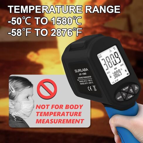مقياس حرارة بالأشعة تحت الحمراء -58 درجة فهرنهايت ~ 3272 درجة فهرنهايت (-50 ~ 1800 درجة مئوية)، مسدس درجة حرارة البيرومتر غير المتصل XF-1800 مع إنذار لدرجة الحرارة العالية والمنخفضة، عقد البيانات، إضاءة خلفية LCD لصيانة المنزل، الطبخ، فرن التشكيل، استخدام in Kuwait