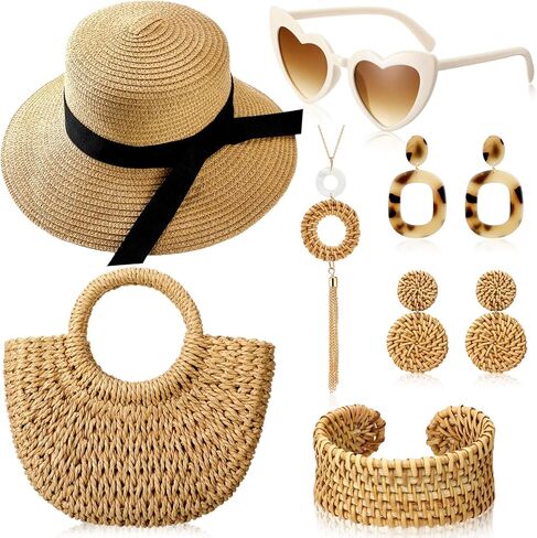 مجموعة مجوهرات الروطان الصيفية 7 قطع للنساء لقضاء العطلات من قش الشمس وقبعة الشاطئ ونظارات شمسية صغيرة شبه دائرية من قش الروطان وقلادة طويلة وأقراط الروطان سوار للنساء على الشاطئ بوهيميا in Kuwait
