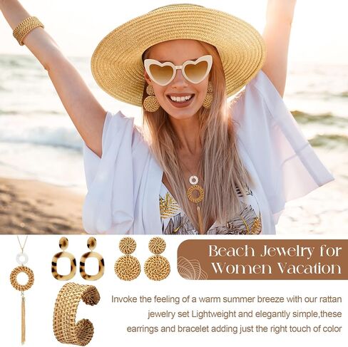 مجموعة مجوهرات الروطان الصيفية 7 قطع للنساء لقضاء العطلات من قش الشمس وقبعة الشاطئ ونظارات شمسية صغيرة شبه دائرية من قش الروطان وقلادة طويلة وأقراط الروطان سوار للنساء على الشاطئ بوهيميا in Kuwait