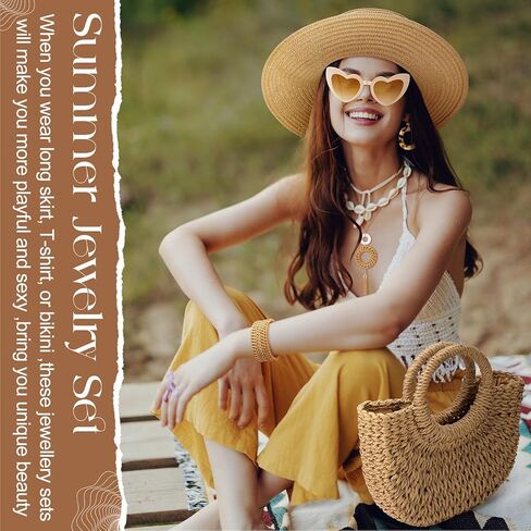 مجموعة مجوهرات الروطان الصيفية 7 قطع للنساء لقضاء العطلات من قش الشمس وقبعة الشاطئ ونظارات شمسية صغيرة شبه دائرية من قش الروطان وقلادة طويلة وأقراط الروطان سوار للنساء على الشاطئ بوهيميا in Kuwait