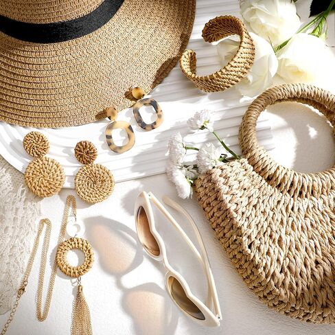 مجموعة مجوهرات الروطان الصيفية 7 قطع للنساء لقضاء العطلات من قش الشمس وقبعة الشاطئ ونظارات شمسية صغيرة شبه دائرية من قش الروطان وقلادة طويلة وأقراط الروطان سوار للنساء على الشاطئ بوهيميا in Kuwait