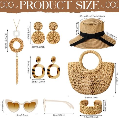مجموعة مجوهرات الروطان الصيفية 7 قطع للنساء لقضاء العطلات من قش الشمس وقبعة الشاطئ ونظارات شمسية صغيرة شبه دائرية من قش الروطان وقلادة طويلة وأقراط الروطان سوار للنساء على الشاطئ بوهيميا in Kuwait