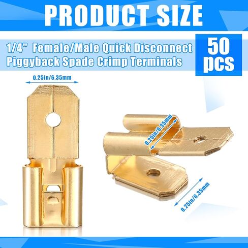 50 Pcs Piggyback Spade Connectors, 3 Way Adapter Dual Male to Single Female Brass Quick Disconnect Connectors Piggyback Terminals Crimp Terminals Assortment Kit, Unisulated in Saudi Arabia