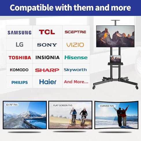 حامل تلفزيون متنقل بعجلات لشاشات تلفزيون مسطحة/منحنية مقاس 32-70 بوصة LED LCD 4K، عربة تلفزيون متدحرجة/أرضية معتمدة من UL، عربة تلفزيون قابلة لضبط الارتفاع مع رف يصل إلى 121 رطلًا بحد أقصى VESA 600x400 مم- TC004 in Kuwait