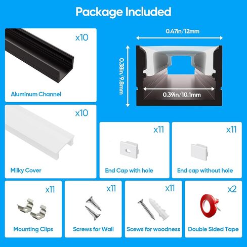 Besseto 10 Pack 1M/3.3ft قناة الألومنيوم LED للوحة الحائط ، لوحة الحائط الخشبية ، شريط مصابيح مصباح الألومنيوم ، سلالم حمام غرفة المعيشة (Black-10pack 3.3ft) in Kuwait