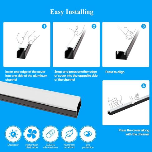 Besseto 10 Pack 1M/3.3ft قناة الألومنيوم LED للوحة الحائط ، لوحة الحائط الخشبية ، شريط مصابيح مصباح الألومنيوم ، سلالم حمام غرفة المعيشة (Black-10pack 3.3ft) in Kuwait