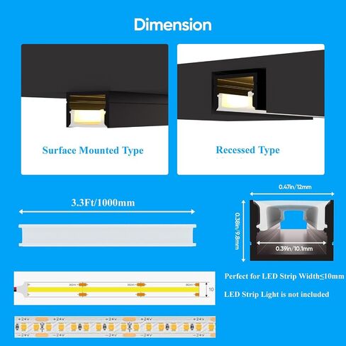 Besseto 10 Pack 1M/3.3ft قناة الألومنيوم LED للوحة الحائط ، لوحة الحائط الخشبية ، شريط مصابيح مصباح الألومنيوم ، سلالم حمام غرفة المعيشة (Black-10pack 3.3ft) in Kuwait