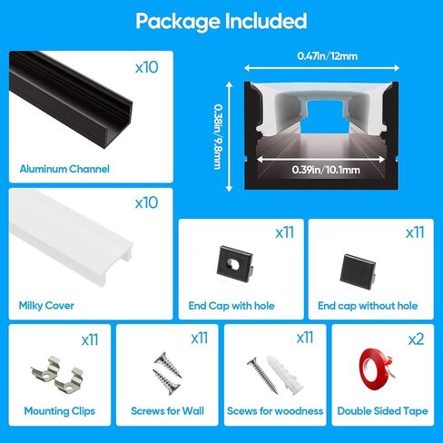 Besseto 10 Pack 1M/3.3ft قناة الألومنيوم LED للوحة الحائط ، لوحة الحائط الخشبية ، شريط مصابيح مصباح الألومنيوم ، سلالم حمام غرفة المعيشة (Black-10pack 3.3ft) in Kuwait