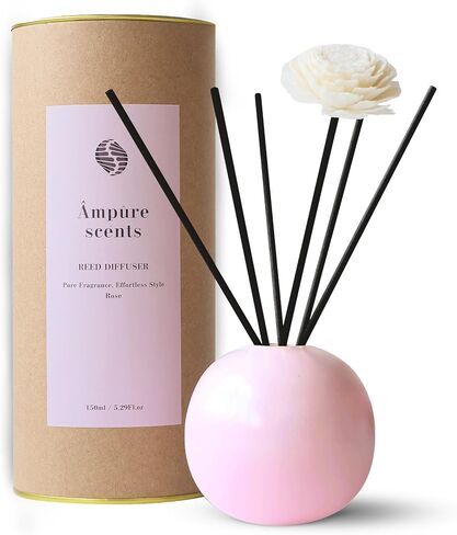 Ampure Scents, Reed Diffuser Set, White Musk Fragrance in a Ceramic Scent Bowl & Glass Base, 5oz (150ml) - 5 Natural Fiber Reed Sticks & Decorative Flower – Elegant Home & Office Décor, Eco-Friendly in Saudi Arabia