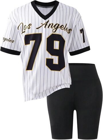 Girl's Number Letter Graphic Jersey Shirts Y2K Striped Short Sleeve V Neck Loose Top in Saudi Arabia