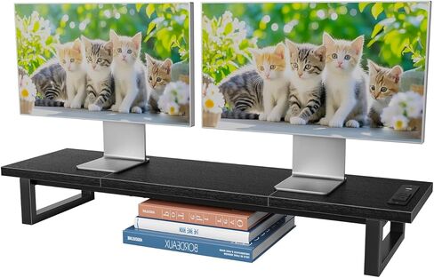 TRENDING DUAL MONUTION STAND RISER مع 2 منافذ شحن USB ، منظم مكتب الكمبيوتر الخشبي لشاشتين ، حامل تلفزيون طويل إضافي لمكتب الكمبيوتر المحمول ، IMAC in Kuwait