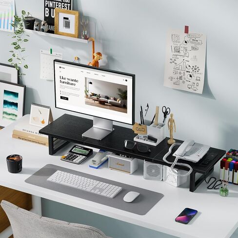 TRENDING DUAL MONUTION STAND RISER مع 2 منافذ شحن USB ، منظم مكتب الكمبيوتر الخشبي لشاشتين ، حامل تلفزيون طويل إضافي لمكتب الكمبيوتر المحمول ، IMAC in Kuwait