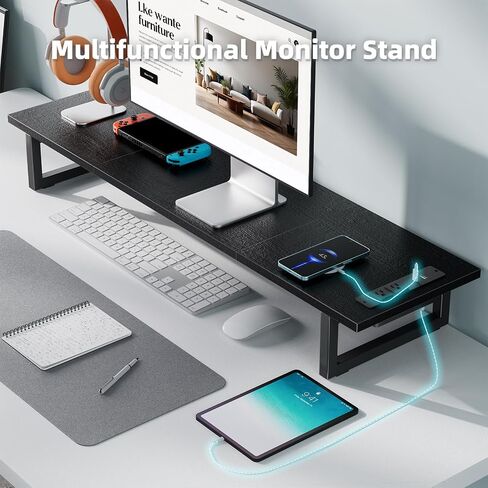 TRENDING DUAL MONUTION STAND RISER مع 2 منافذ شحن USB ، منظم مكتب الكمبيوتر الخشبي لشاشتين ، حامل تلفزيون طويل إضافي لمكتب الكمبيوتر المحمول ، IMAC in Kuwait