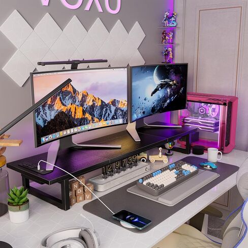 TRENDING DUAL MONUTION STAND RISER مع 2 منافذ شحن USB ، منظم مكتب الكمبيوتر الخشبي لشاشتين ، حامل تلفزيون طويل إضافي لمكتب الكمبيوتر المحمول ، IMAC in Kuwait