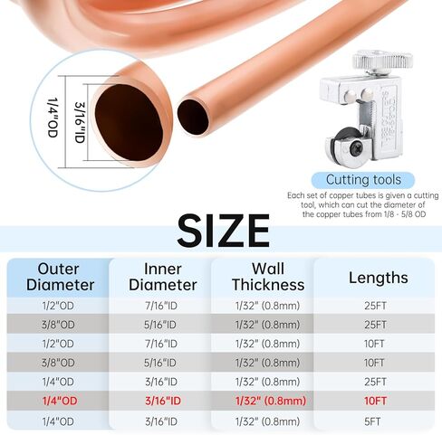 1/4 "OD × 3/16" معرف × أنابيب النحاس 10ft ، سماكة جدار 0.8 ملم 99.9 ٪ C12200 أنبوب التبريد لإصلاح وإنشاء النموذج الأولي DIY in Kuwait