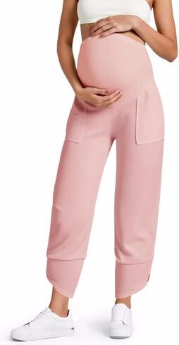 Yousify Womens Maternity Pants Casual Wide Leg Stretchy Ribbed Palazzo Pregnancy Trousers with Pockets in Kuwait
