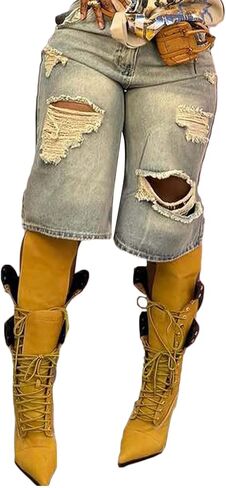 LETSVDO Womens Baggy Ripped Denim Shorts High Waist Straight Wide Leg Distressed Y2k Casual Bermuda Cargo Jean Shorts in Kuwait