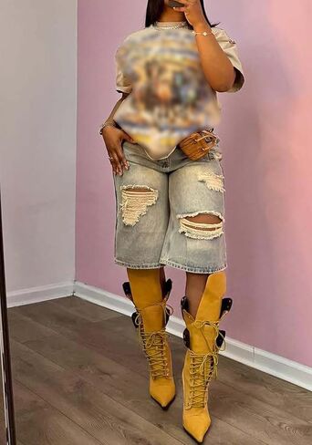 LETSVDO Womens Baggy Ripped Denim Shorts High Waist Straight Wide Leg Distressed Y2k Casual Bermuda Cargo Jean Shorts in Kuwait