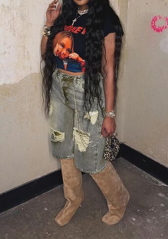 LETSVDO Womens Baggy Ripped Denim Shorts High Waist Straight Wide Leg Distressed Y2k Casual Bermuda Cargo Jean Shorts in Kuwait