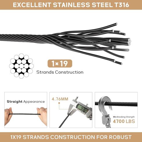 3/16" Black T316 Stainless Steel Cable, 500FT Marine Grade Black Wire Rope Aircraft Cable, 1x19 Strands for Deck Railing, Balcony, Fence, and DIY Balustrades in Saudi Arabia