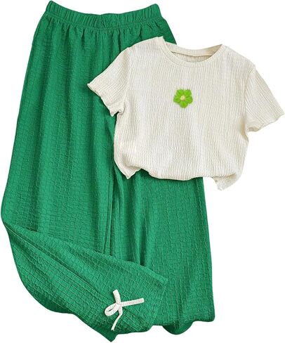 OYOANGLE Girl's Two Piece Outfits Textured Short Sleeve Top and Bow Wide Leg Pants Set in Saudi Arabia