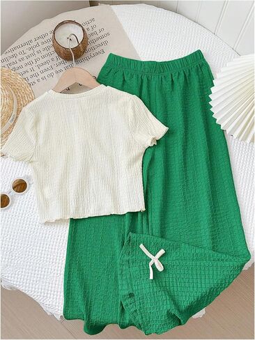 OYOANGLE Girl's Two Piece Outfits Textured Short Sleeve Top and Bow Wide Leg Pants Set in Saudi Arabia