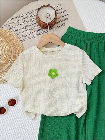OYOANGLE Girl's Two Piece Outfits Textured Short Sleeve Top and Bow Wide Leg Pants Set in Saudi Arabia